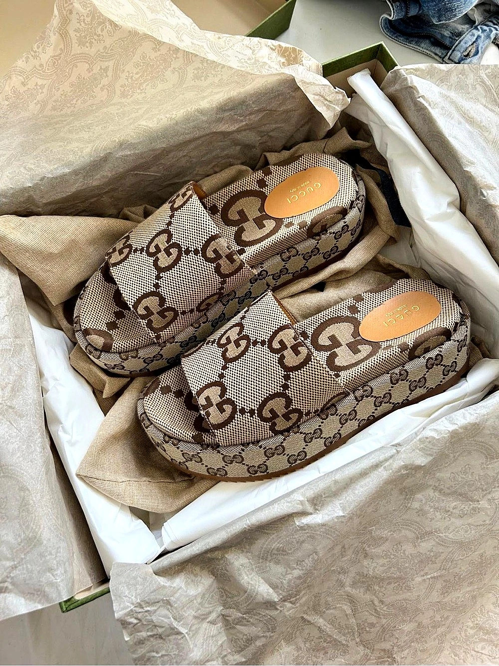 Gucci Angelina Maxi GG Canvas Platform Slide Sandals Brown & Beige